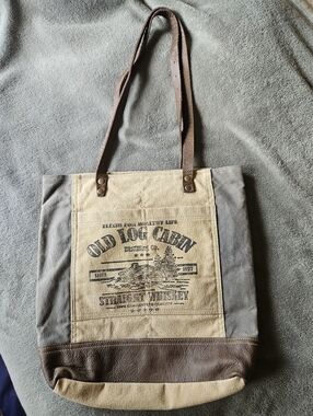 Canvas Tote Bag in Beige and Gray with Brown Accents